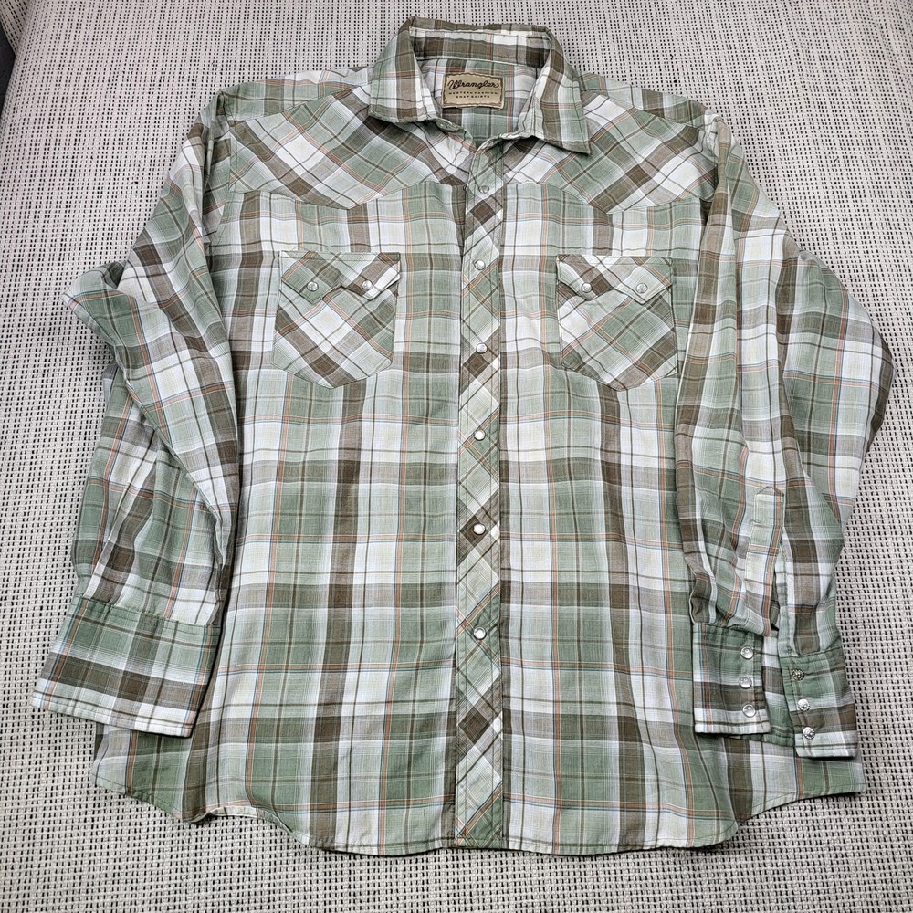 Wrangler Shirt Mens 54 Green Plaid Long Sleeve Pearl Snap Western Casual